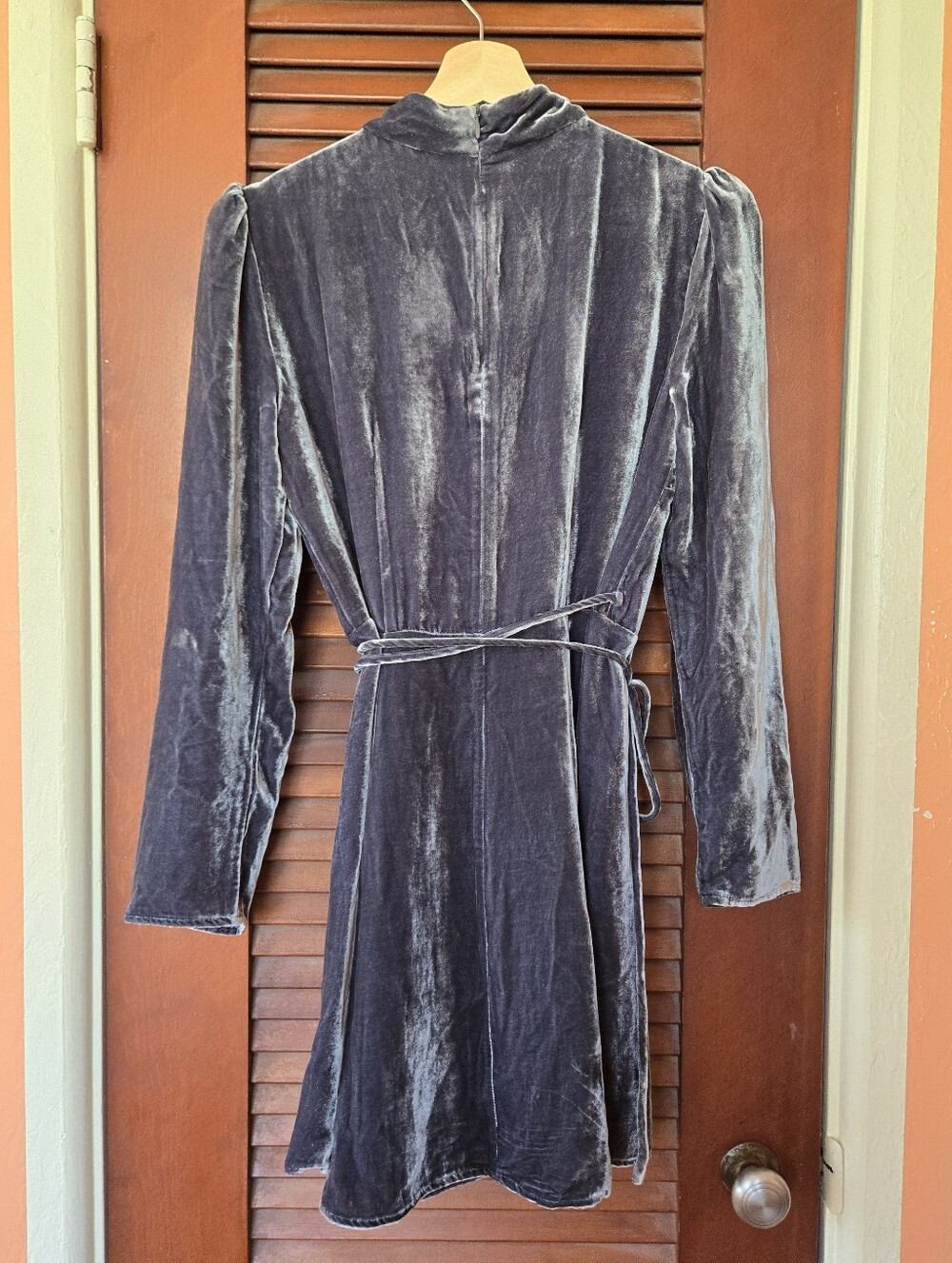 Reformation Ottessa Velvet Mini Wrap Dress, Color Slate, Size M Petite - Picture 5 of 13
